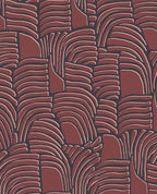 Dune Arch wallpaper by Eijffinger in deep brick red on charcoal, layered arch dune pattern, flat swatch close-up