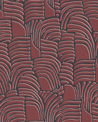 Dune Arch wallpaper by Eijffinger in deep brick red on charcoal, layered arch dune pattern, flat swatch close-up