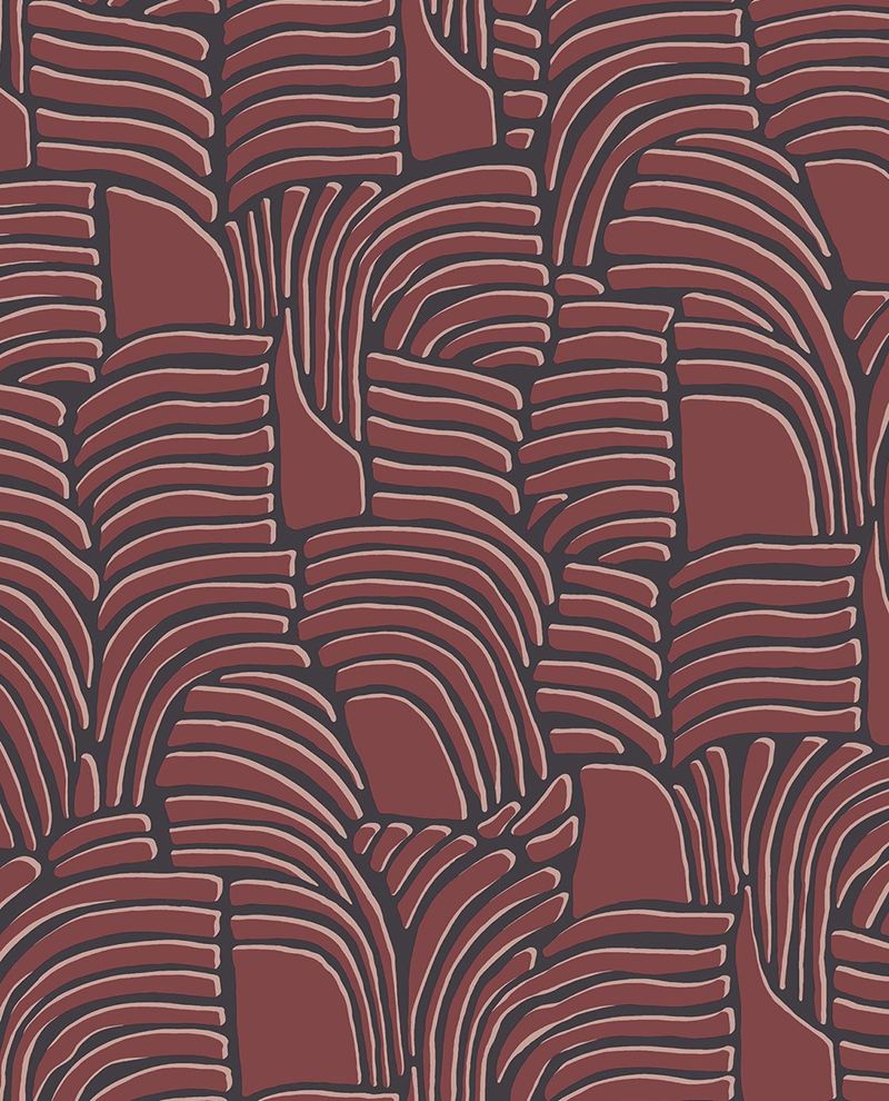 Dune Arch wallpaper by Eijffinger in deep brick red on charcoal, layered arch dune pattern, flat swatch close-up