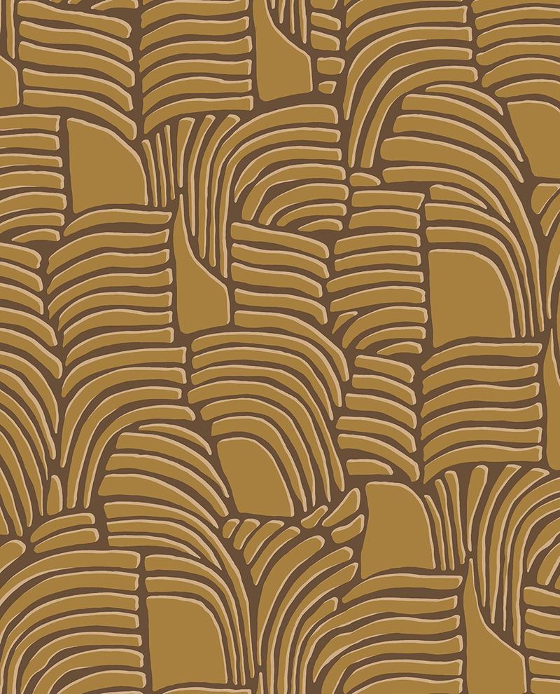 Dune Arch wallpaper by Eijffinger in golden mustard on brown, arching ribbed dune design, flat swatch