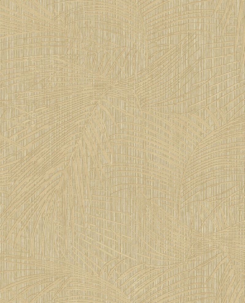 Woven Palm wallpaper by Eijffinger in warm gold, palm fronds over a woven texture, flat pattern swatch