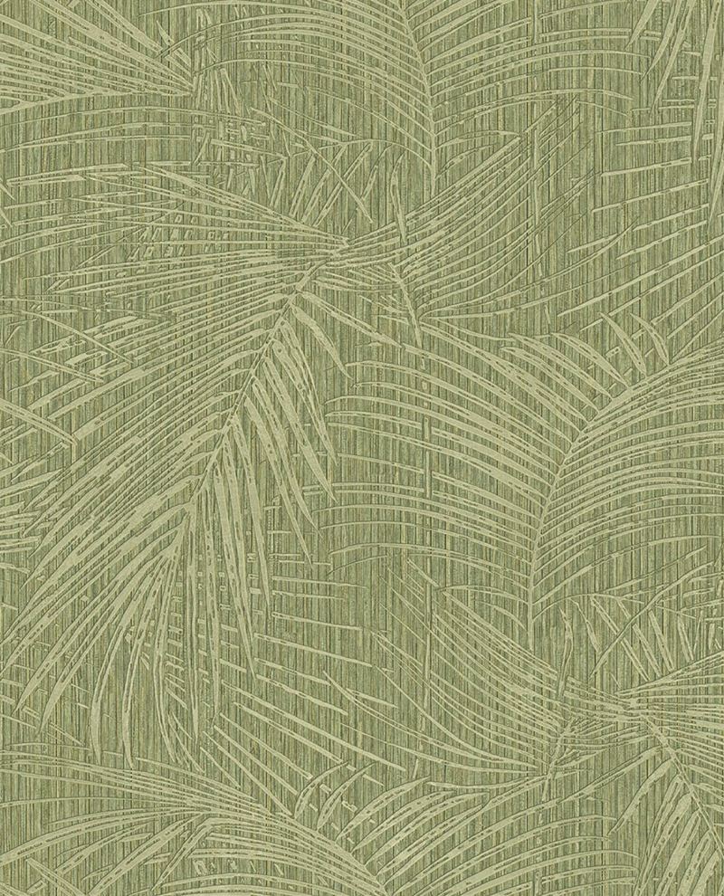 Woven Palm wallpaper by Eijffinger in olive green, textured palm leaf pattern on grasscloth, flat swatch