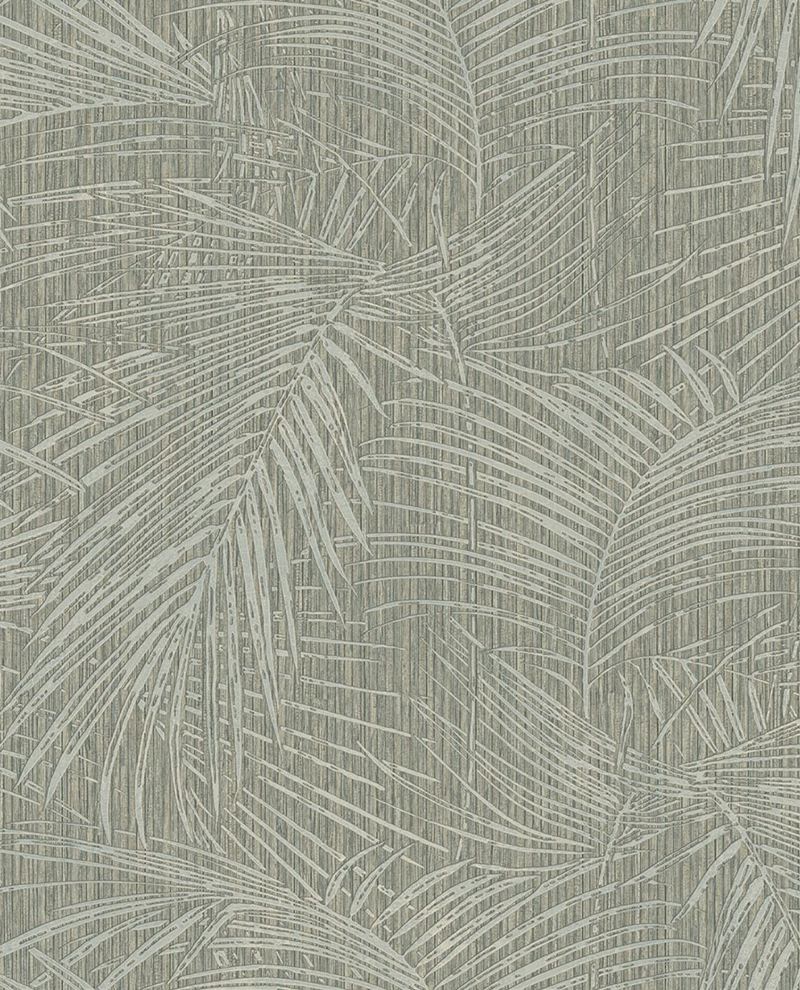 Woven Palm wallpaper by Eijffinger in taupe grey, palm fronds on a woven texture, flat pattern swatch
