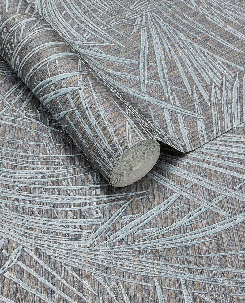 Woven Palm wallpaper by Eijffinger in dark brown with silver palm fronds, partly unrolled roll close-up
