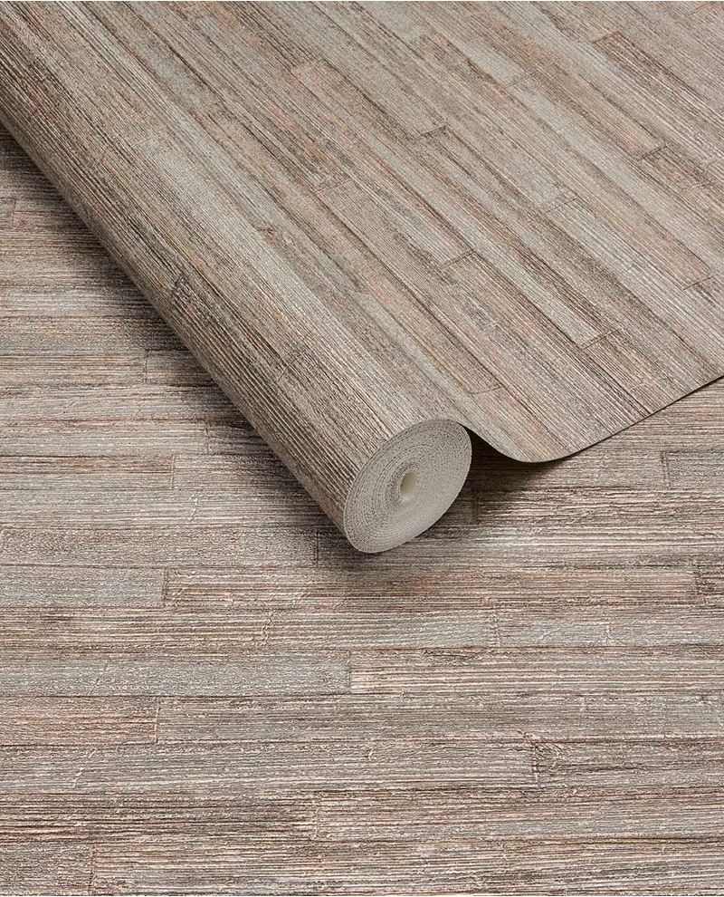 Woven Plank wallpaper by Eijffinger in warm taupe, partly unrolled roll showing the wood-plank texture