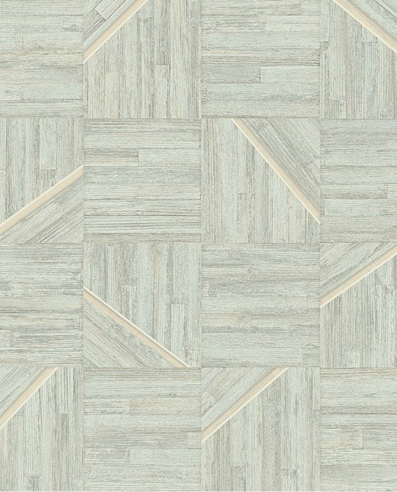 Marquetry Inlay wallpaper by Eijffinger in soft grey-blue, geometric wood-block marquetry design, flat swatch