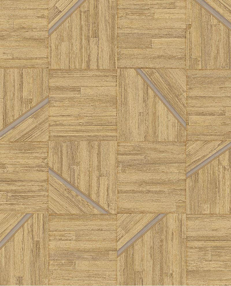 Marquetry Inlay wallpaper by Eijffinger in warm gold oak, geometric wood-block marquetry with inlay lines, flat swatch