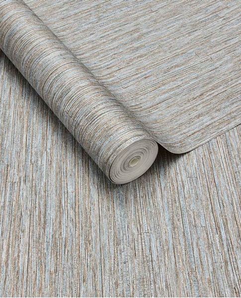 Fine Reed wallpaper by Eijffinger in soft neutral tones, partly unrolled roll showing the vertical reed texture