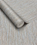 Fine Reed wallpaper by Eijffinger in soft neutral tones, partly unrolled roll showing the vertical reed texture