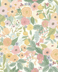 Painted Garden wallpaper by Eijffinger, pastel pink, peach and yellow blooms with green leaves on white, flat swatch.