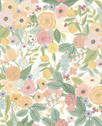 Painted Garden wallpaper by Eijffinger, pastel pink, peach and yellow blooms with green leaves on white, flat swatch.
