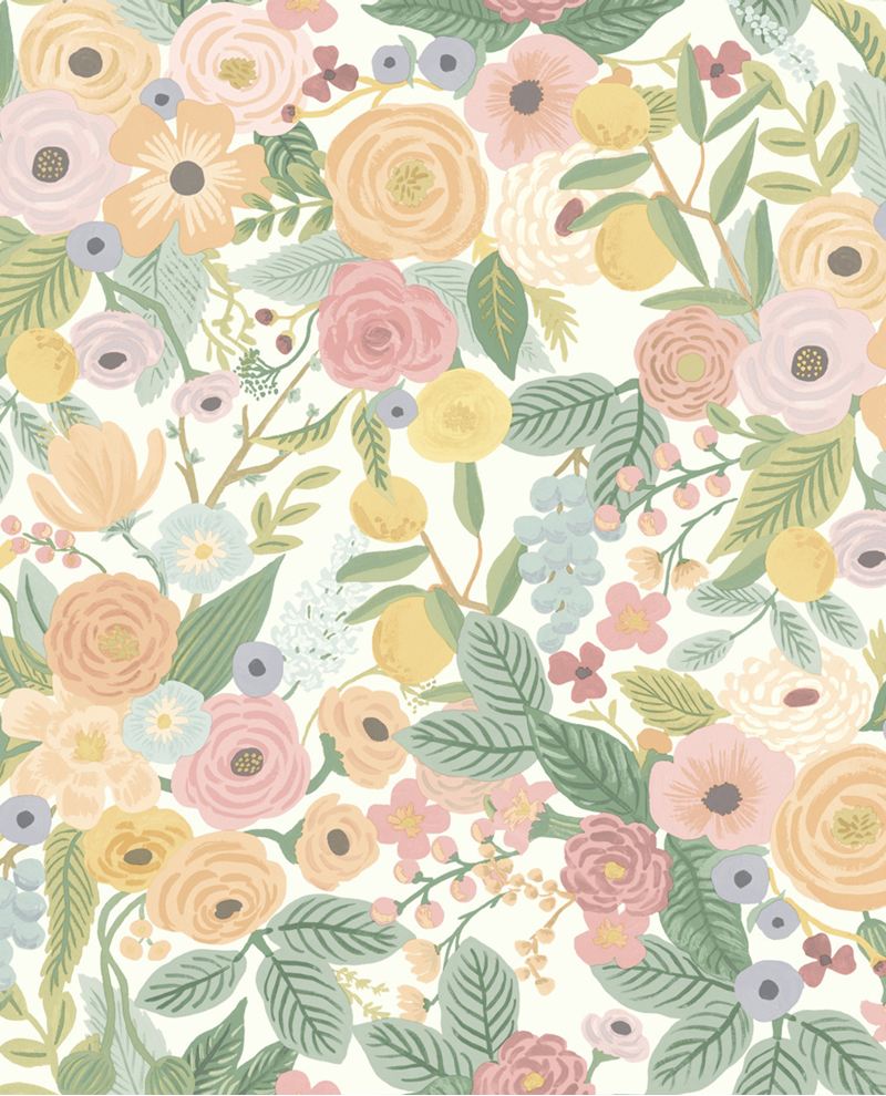 Painted Garden wallpaper by Eijffinger, pastel pink, peach and yellow blooms with green leaves on white, flat swatch.