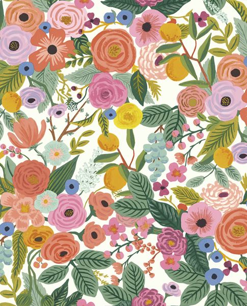 Painted Garden wallpaper by Eijffinger, vivid pink, coral and blue florals with lush greenery on white, flat swatch.