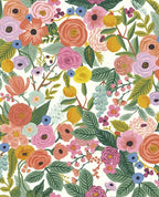 Painted Garden wallpaper by Eijffinger, vivid pink, coral and blue florals with lush greenery on white, flat swatch.