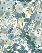 Painted Garden wallpaper by Eijffinger, blue and white roses with sage foliage on white, flat swatch.