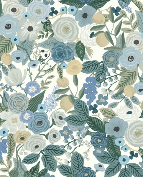 Painted Garden wallpaper by Eijffinger, blue and white roses with sage foliage on white, flat swatch.