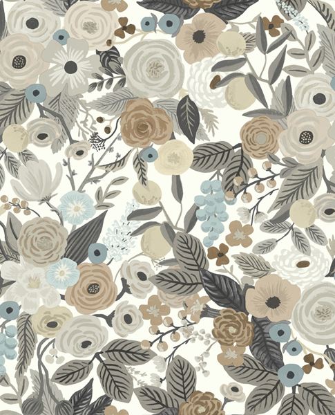 Painted Garden wallpaper by Eijffinger, neutral taupe and grey blooms with muted leaves on white, flat swatch.