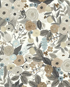 Painted Garden wallpaper by Eijffinger, neutral taupe and grey blooms with muted leaves on white, flat swatch.