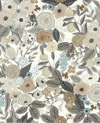 Painted Garden wallpaper by Eijffinger, neutral taupe and grey blooms with muted leaves on white, flat swatch.