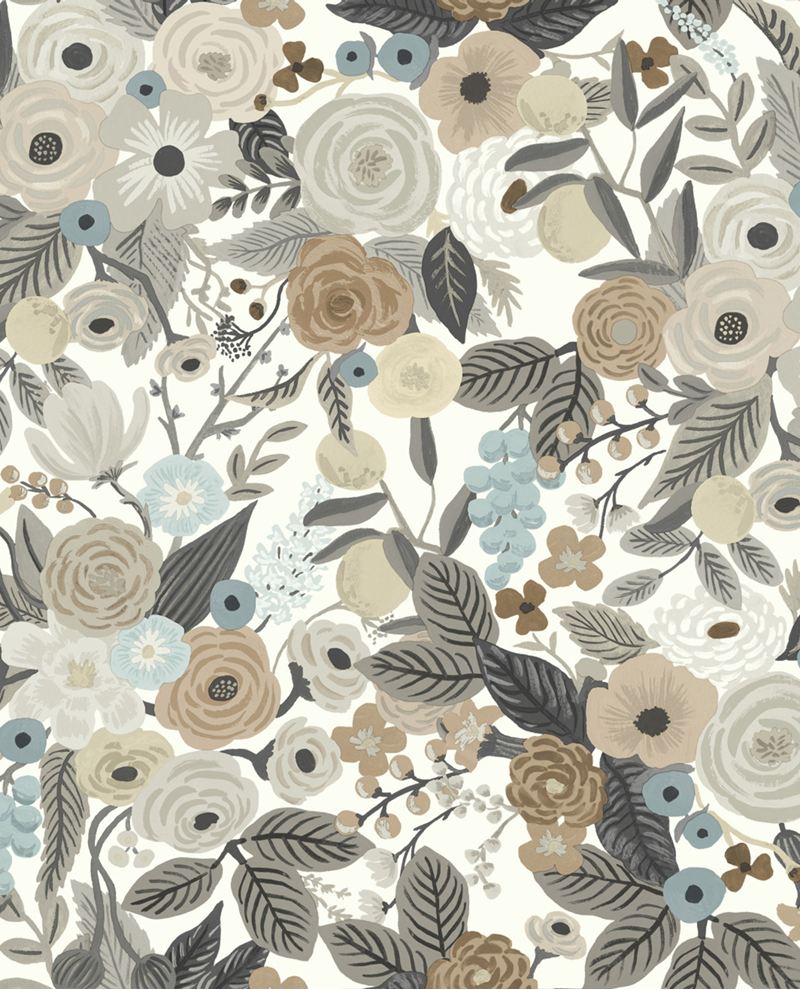 Painted Garden wallpaper by Eijffinger, neutral taupe and grey blooms with muted leaves on white, flat swatch.