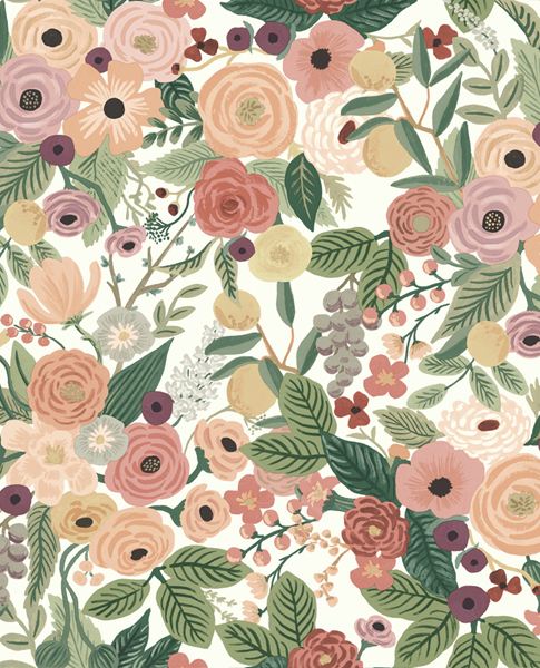 Painted Garden wallpaper by Eijffinger, blush pink and terracotta roses with rich green leaves on white, flat swatch.