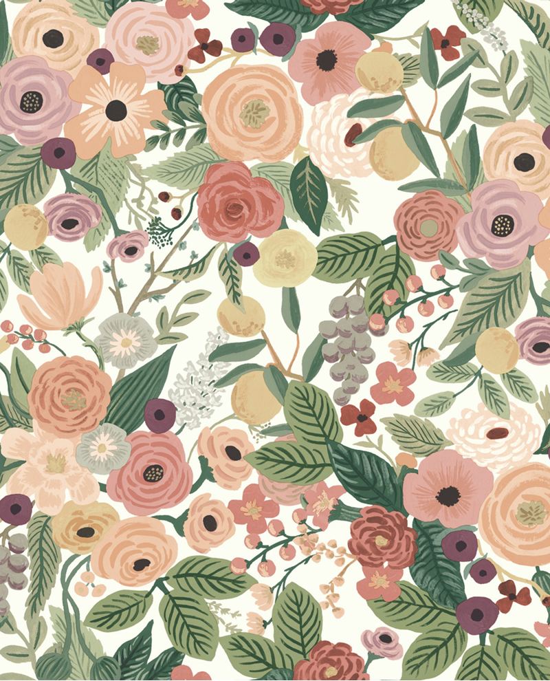Painted Garden wallpaper by Eijffinger, blush pink and terracotta roses with rich green leaves on white, flat swatch.