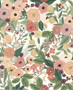 Painted Garden wallpaper by Eijffinger, blush pink and terracotta roses with rich green leaves on white, flat swatch.