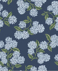 Hydrangea Bloom wallpaper by Eijffinger, pale blue hydrangea heads with green leaves on navy, flat swatch.