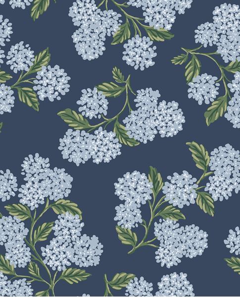 Hydrangea Bloom wallpaper by Eijffinger, pale blue hydrangea heads with green leaves on navy, flat swatch.