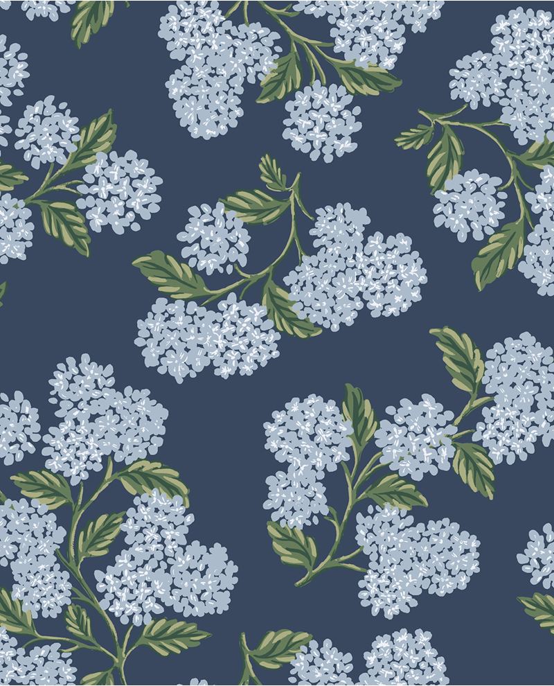Hydrangea Bloom wallpaper by Eijffinger, pale blue hydrangea heads with green leaves on navy, flat swatch.