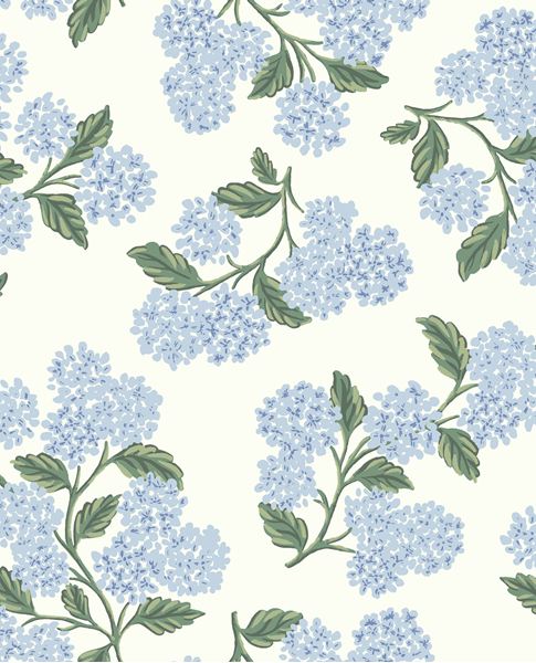 Hydrangea Bloom wallpaper by Eijffinger, soft blue hydrangeas with green leaves on cream, flat swatch.