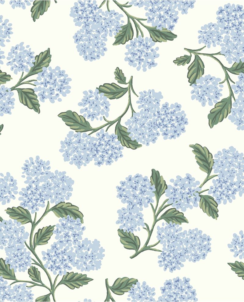 Hydrangea Bloom wallpaper by Eijffinger, soft blue hydrangeas with green leaves on cream, flat swatch.