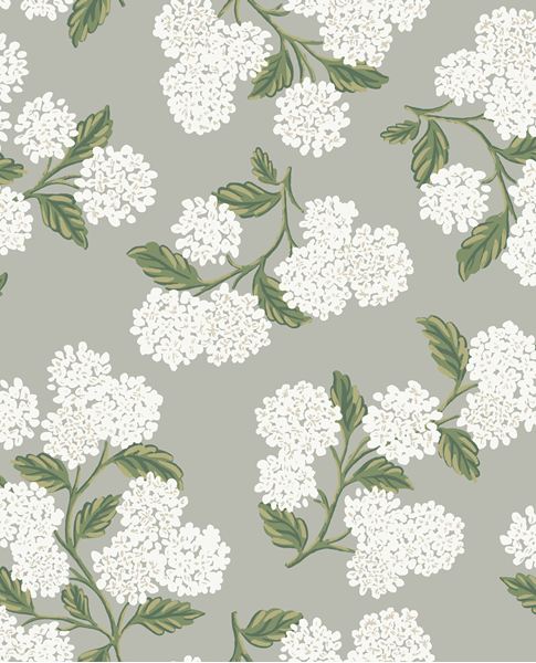 Hydrangea Bloom wallpaper by Eijffinger, white hydrangeas with green leaves on soft grey, flat swatch.
