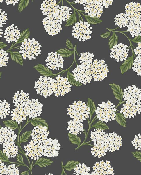 Hydrangea Bloom wallpaper by Eijffinger, white and yellow hydrangeas with green leaves on charcoal, flat swatch.