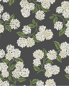 Hydrangea Bloom wallpaper by Eijffinger, white and yellow hydrangeas with green leaves on charcoal, flat swatch.
