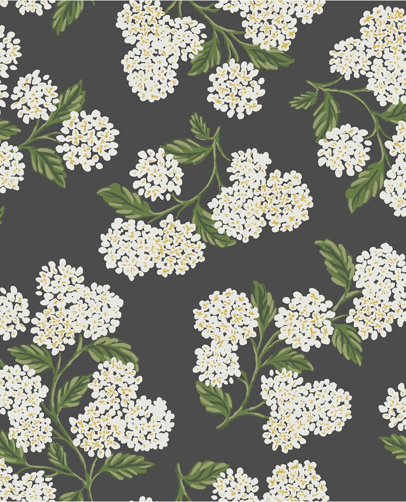 Hydrangea Bloom wallpaper by Eijffinger, white and yellow hydrangeas with green leaves on charcoal, flat swatch.