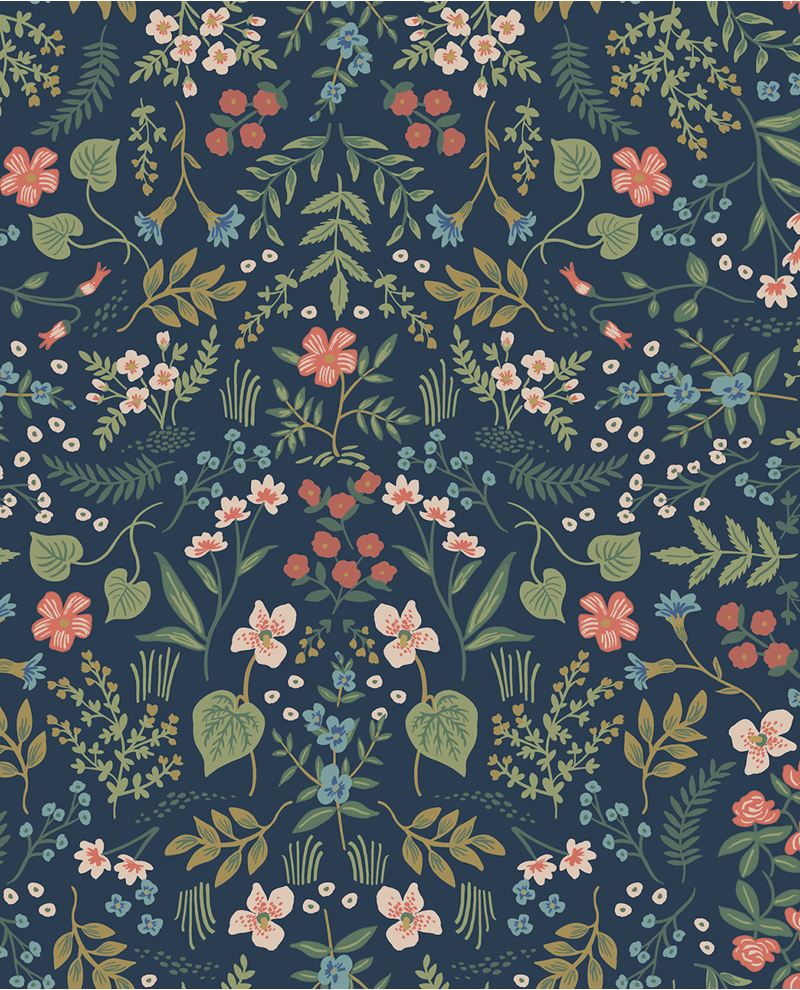 Wildflower Meadow wallpaper by Eijffinger, scattered wildflowers and trailing foliage in coral, blue and green on a deep navy ground, flat swatch.