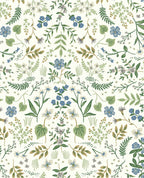 Wildflower Meadow wallpaper by Eijffinger in cream, blue and green wildflower sprigs and leaves on an ivory ground, flat swatch.