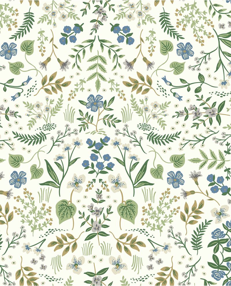Wildflower Meadow wallpaper by Eijffinger in cream, blue and green wildflower sprigs and leaves on an ivory ground, flat swatch.