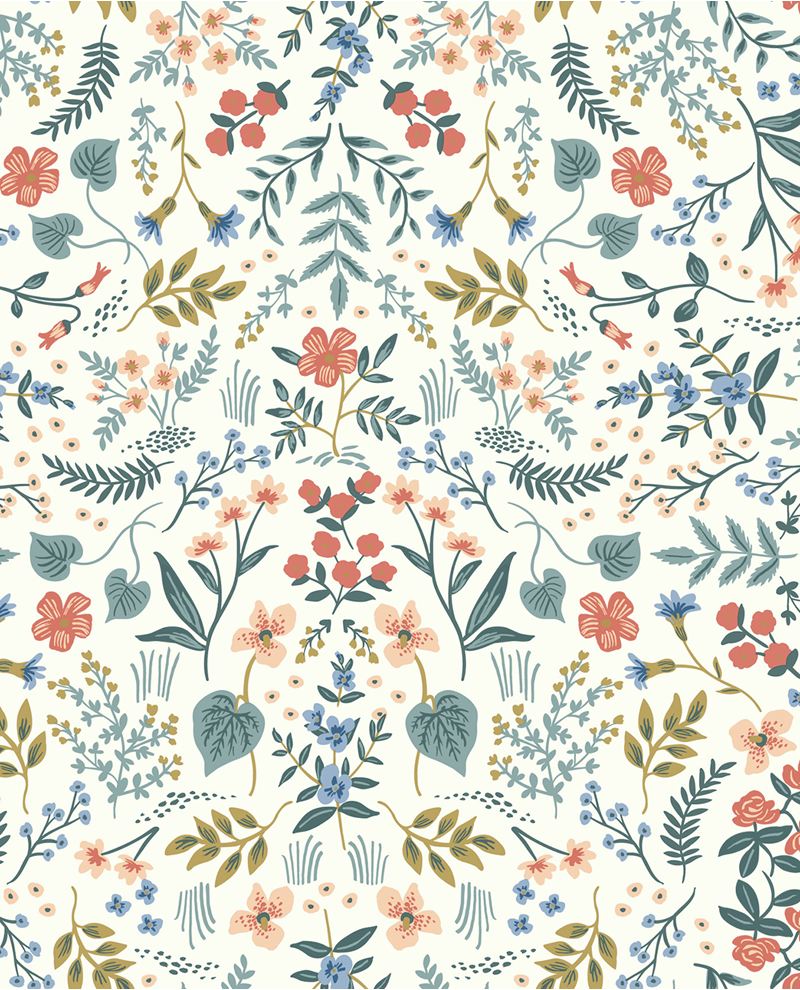Wildflower Meadow wallpaper by Eijffinger, coral, peach and blue wildflowers with sage foliage on a soft white ground, flat swatch.