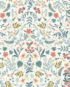 Wildflower Meadow wallpaper by Eijffinger, coral, peach and blue wildflowers with sage foliage on a soft white ground, flat swatch.