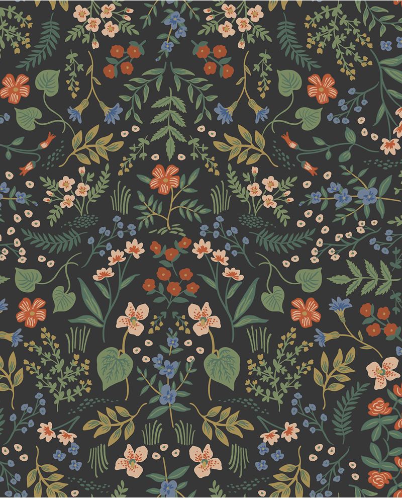 Wildflower Meadow wallpaper by Eijffinger, coral, blue and green wildflowers and foliage on a charcoal black ground, flat swatch.