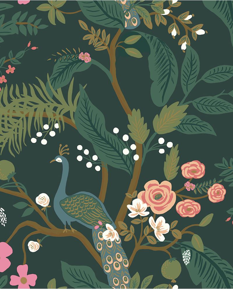 Peacock Perch wallpaper by Eijffinger, a blue peacock on a flowering branch with roses and foliage on a deep emerald green ground, flat swatch.