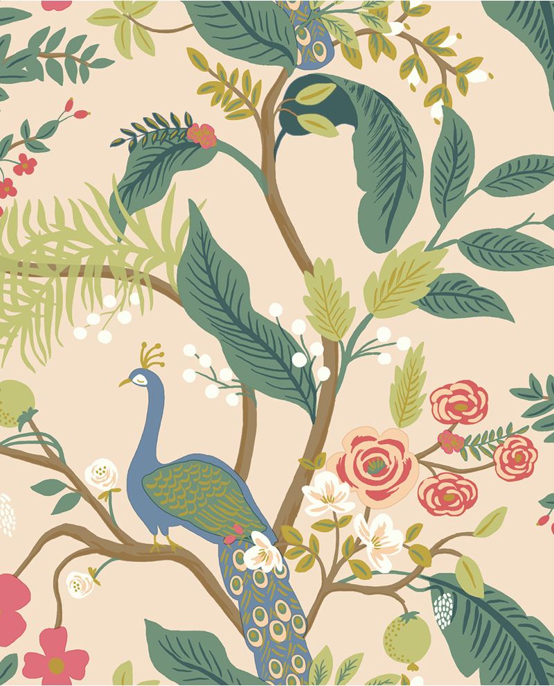 Peacock Perch wallpaper by Eijffinger, blue peacock among leafy branches and coral roses on a soft blush pink ground, flat swatch.
