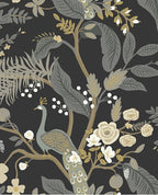 Peacock Perch wallpaper by Eijffinger, grey-blue peacock and cream roses with grey foliage on a black ground, flat swatch.