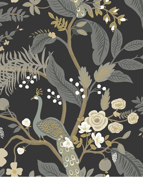 Peacock Perch wallpaper by Eijffinger, grey-blue peacock and cream roses with grey foliage on a black ground, flat swatch.
