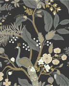 Peacock Perch wallpaper by Eijffinger, grey-blue peacock and cream roses with grey foliage on a black ground, flat swatch.