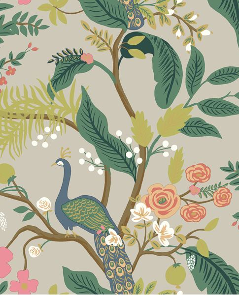 Peacock Perch wallpaper by Eijffinger, blue peacock with green leaves and coral roses on a warm taupe grey ground, flat swatch.