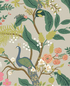 Peacock Perch wallpaper by Eijffinger, blue peacock with green leaves and coral roses on a warm taupe grey ground, flat swatch.
