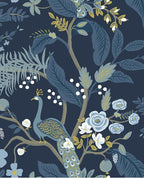 Peacock Perch wallpaper by Eijffinger, teal peacock among blue foliage and pale roses on a deep navy ground, flat swatch.